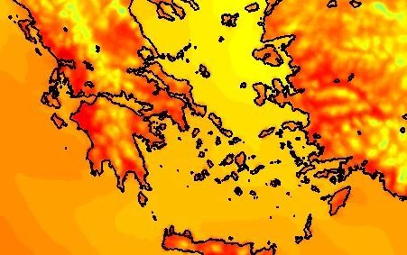 Καιρός -φωτιά!  Στο κόκκινο ο χάρτης με θερμοκρασίες καύσωνα κοντά στους 40 βαθμούς Κελσίου